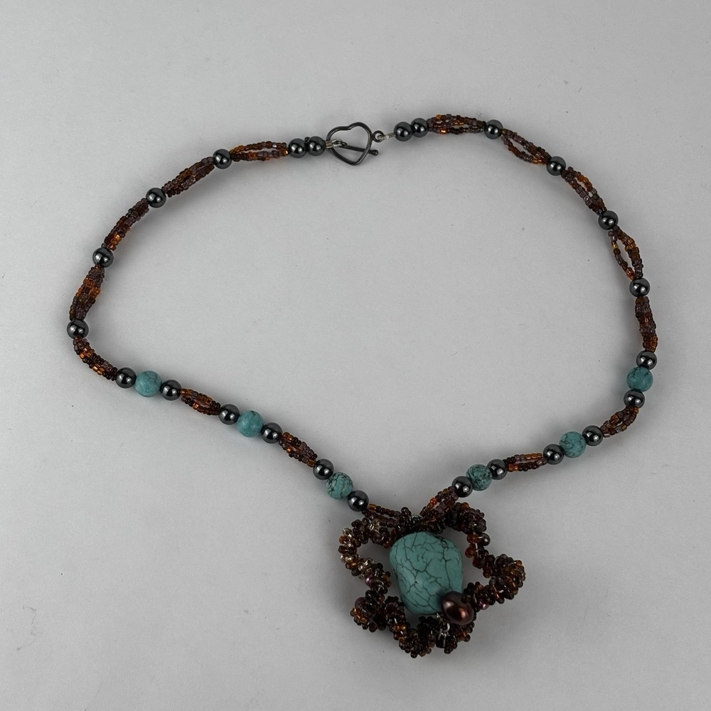 Vintage Turquoise And Brown‎ Glass Beaded Necklace Heart Clasp Pearl